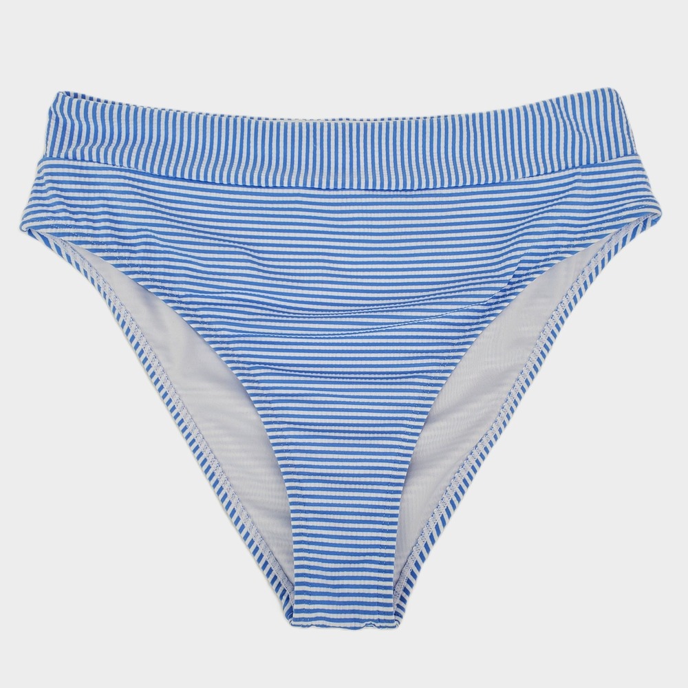 Cupshe Ribbed High Waist Bikini Bottom Large Blue White‎ Striped Lined Stretch - Picture 6 of 10